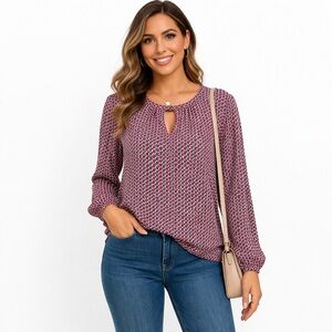 Cato Pink Geometric Keyhole Blouse Long Sleeve Stretch Top Large